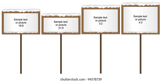Vector illustration of snowy winter boards. Four most use aspect ratios.