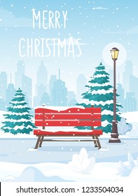 Vector illustration of snowy winter city park with Christmas trees, bench, lantern, walkway, hills and city skyline. Winter Christmas landscape for banner, poster, web. Cartoon city park in flat style