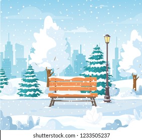 Vector illustration of snowy winter city park with Christmas trees, bench, lantern, walkway, hills and city skyline. Winter Christmas landscape for banner, poster, web. Cartoon city park in flat style