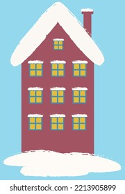 Vector illustration of snowy winter house with lighted windows. Vector cottage with snowy roof