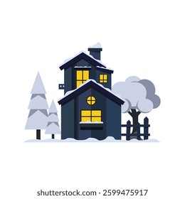 vector illustration of a snowy winter house scene with bright windows and frosted trees	