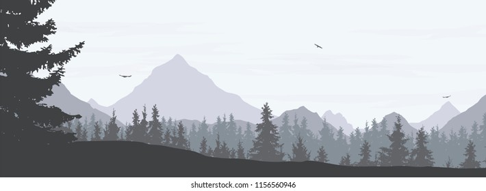 Vector illustration of a snowy winter mountain landscape with coniferous forest, valley and flying birds in a gray sky with clouds - widescreen vector