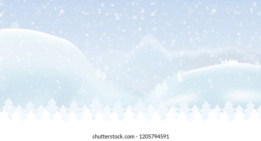 Vector illustration of a snowy winter mountain landscape with forest, sky and falling snow - suitable as a Christmas or New Year greeting card