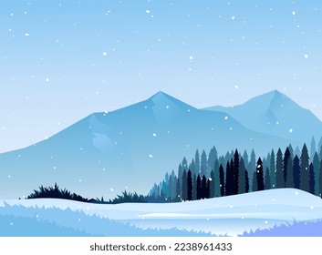 Vector illustration of Snowy winter nature landscape with pine trees, fir trees and bushes. mountain view in background design for banners, templates, backgrounds