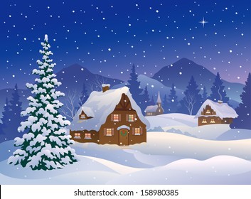 Vector illustration of a snowy winter night village at mountain woods