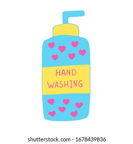 Vector illustration of soap bottle with hand washing text isolated on white background. Poster about hygiene. Restroom or bathroom print, toilet quote. Safety measure against viruses and bacteria