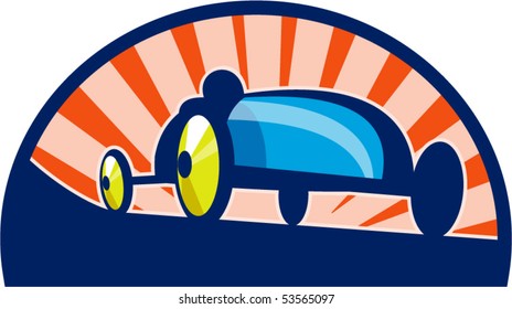 Vector Illustration Of A Soap Box Derby Car Racing With Sunburst In The Background.