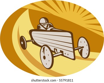 Vector Illustration Of A Soap Box Derby Car Racing With Sunburst In The Background.