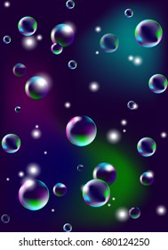 Vector illustration of soap bubbles on dark background.