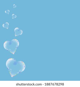 Vector illustration. Soap bubbles in the shape of hearts on a blue background.
