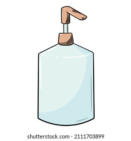 Ilustración vectorial. Dispensador de jabón. Dibujo de color. Estilo simple de garabato. Frasco de plástico con bomba para dosificar el producto. Artículos médicos e higiénicos.