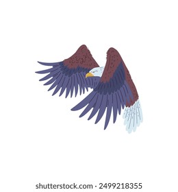 Vector illustration of a soaring bald eagle on an isolated white background. Majestic American Bald Eagle in flat cartoon style for various design projects.