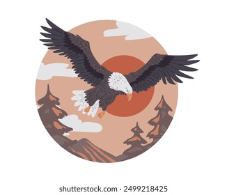 Ilustración vectorial de un águila altísima en un marco redondo con un sol rojo y un fondo montañoso. Diseño plano adecuado para varios proyectos, con fondo aislado.