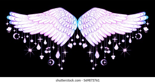 vector illustration of soaring wings, with hanging garlands, pendants, charms, handmade ink, decorative element for design. Tribal tattoo. Printing on textiles, clothing, t-shirt.