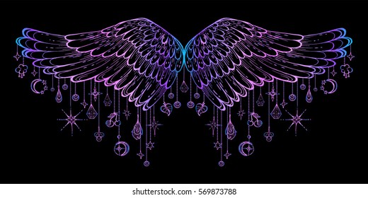 vector illustration of soaring wings, with hanging garlands, pendants, charms, handmade ink, decorative element for design. Tribal tattoo. Printing on textiles, clothing, t-shirt.