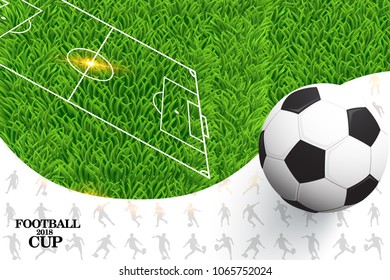 Vector illustration of a soccer background with ball on green grass. 2018 world championship football cup