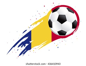 Vector illustration of a soccer ball with abstract Romania insignia brush strokes