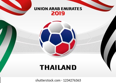 Vector illustration of a soccer ball in the colors of the national flag. On the background of the football arena. 2018, 2019. Asian Football Cup, Club World Cup in the United Arab Emirates. 