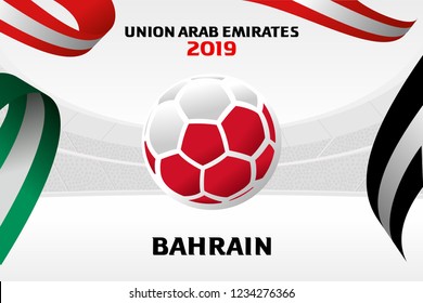 Vector illustration of a soccer ball in the colors of the national flag. On the background of the football arena. 2018, 2019. Asian Football Cup, Club World Cup in the United Arab Emirates.
