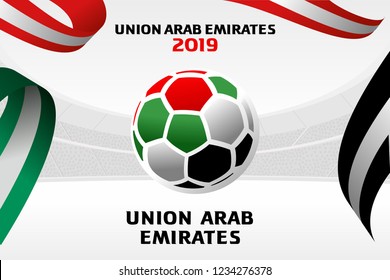 Vector illustration of a soccer ball in the colors of the national flag. On the background of the football arena. 2018, 2019. Asian Football Cup, Club World Cup in the United Arab Emirates.