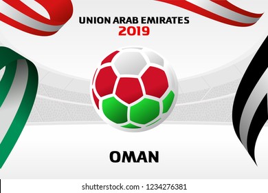 Vector illustration of a soccer ball in the colors of the national flag. On the background of the football arena. 2018, 2019. Asian Football Cup, Club World Cup in the United Arab Emirates.