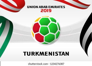 Vector illustration of a soccer ball in the colors of the national flag. On the background of the football arena. 2018, 2019. Asian Football Cup, Club World Cup in the United Arab Emirates.