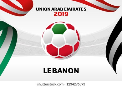 Vector illustration of a soccer ball in the colors of the national flag. On the background of the football arena. 2018, 2019. Asian Football Cup, Club World Cup in the United Arab Emirates.