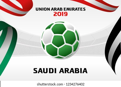Vector illustration of a soccer ball in the colors of the national flag. On the background of the football arena. 2018, 2019. Asian Football Cup, Club World Cup in the United Arab Emirates.