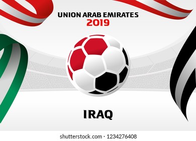 Vector illustration of a soccer ball in the colors of the national flag. On the background of the football arena. 2018, 2019. Asian Football Cup, Club World Cup in the United Arab Emirates.