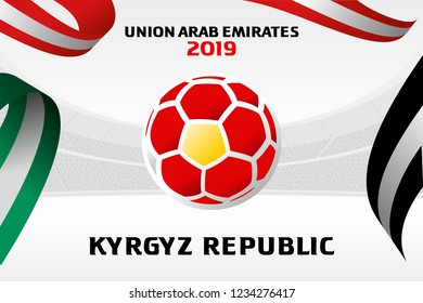 Vector illustration of a soccer ball in the colors of the national flag. On the background of the football arena. 2018, 2019. Asian Football Cup, Club World Cup in the United Arab Emirates.