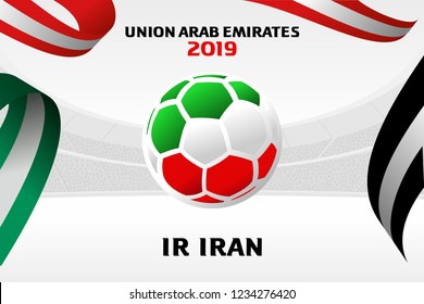 Vector illustration of a soccer ball in the colors of the national flag. On the background of the football arena. 2018, 2019. Asian Football Cup, Club World Cup in the United Arab Emirates.