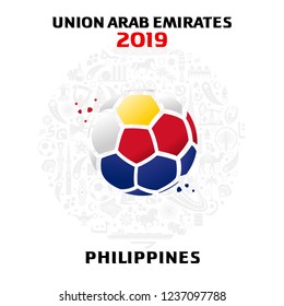 Vector illustration of a soccer ball in the colors of the national flag with modern and traditional elements. 2018, 2019. Asian Football Cup, Club World Cup in the United Arab Emirates