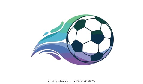 Vector illustration of a soccer ball with a dynamic flowing trail featuring a green, blue, and purple gradient motion effect, isolated on a white background for sports design.