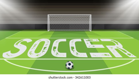 Vector Illustration Of Soccer Ball With Field & Goal Posts In The Bacground