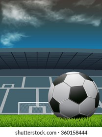 Vector illustration of soccer ball with field, goal posts, stadium & cloudy sky in the background