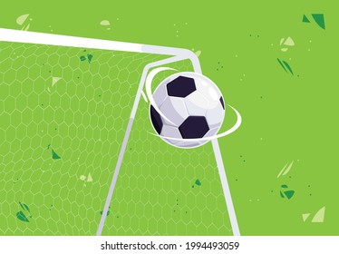 Ilustración vectorial de una pelota de fútbol volando hacia un gol de fútbol sobre un fondo verde