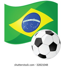 Vector illustration of a soccer ball in front of the Brazilian flag
