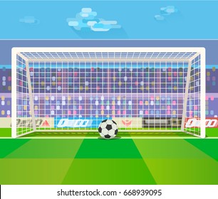 Vector illustration of soccer ball in gates on a stadium.