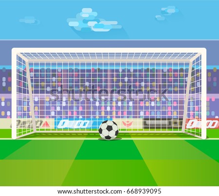 Vector illustration of soccer ball in gates on a stadium.