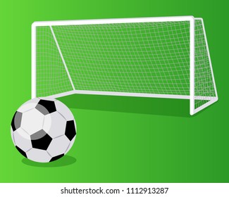 Vector illustration of a soccer ball and soccer goal on green background.