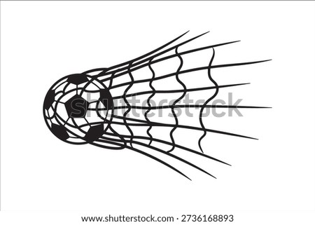 Vector illustration of a soccer ball hitting the net, captured in a dynamic and sleek design. The image showcases the ball as it enters the net with motion lines emphasizing the movement. Perfect for sports-related designs, digital art, or soccer-themed projects.
