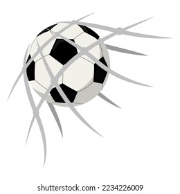 Vector illustration of soccer ball inside net on white background.