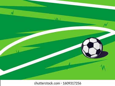 Vector illustration of a soccer ball lying on green grass, part of a soccer field, top view