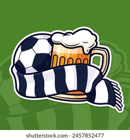 Vector illustration of soccer ball and mug of beer tied with a fan scarf. Football and beer colorful emblem. Ideal for sticker design, t-shirt print, bierdeckel, etc.