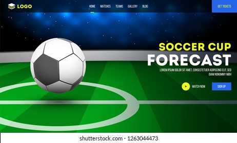 Vector illustration of soccer ball on playground. Soccer cup forecast landing page design.
