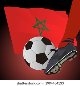 ilustración vectorial, pelota de fútbol al fondo de la bandera del país de Marruecos