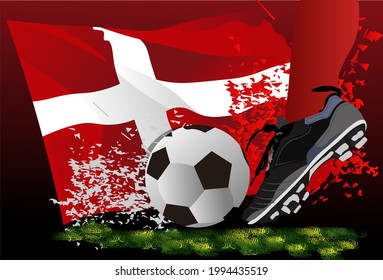 vector illustration, soccer ball on the background of the country flag of Denmark