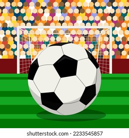 Vector illustration of a soccer ball on the background of a soccer field, goal posts and spectators. Flat design background.