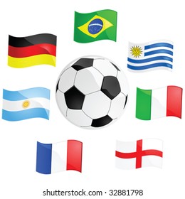 Vector illustration of a soccer ball surrounded by the flag of the seven countries to have ever won a World Cup: Brazil, Uruguay, Italy, England, France, Argentina and Germany.