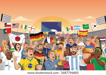 A vector illustration of Soccer Fans from Different Countries in a Stadium